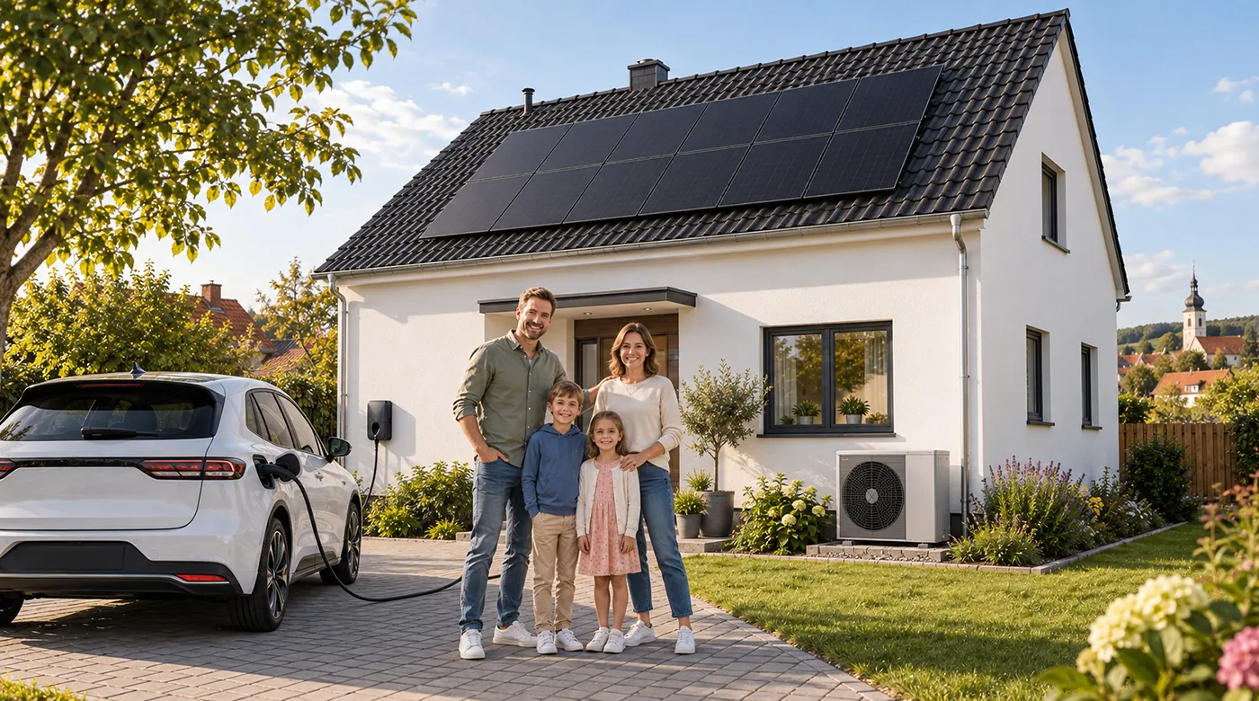 Familie vor ihrem sanierten Einfamilienhaus mit Photovoltaik, Wärmepumpe und Wallbox